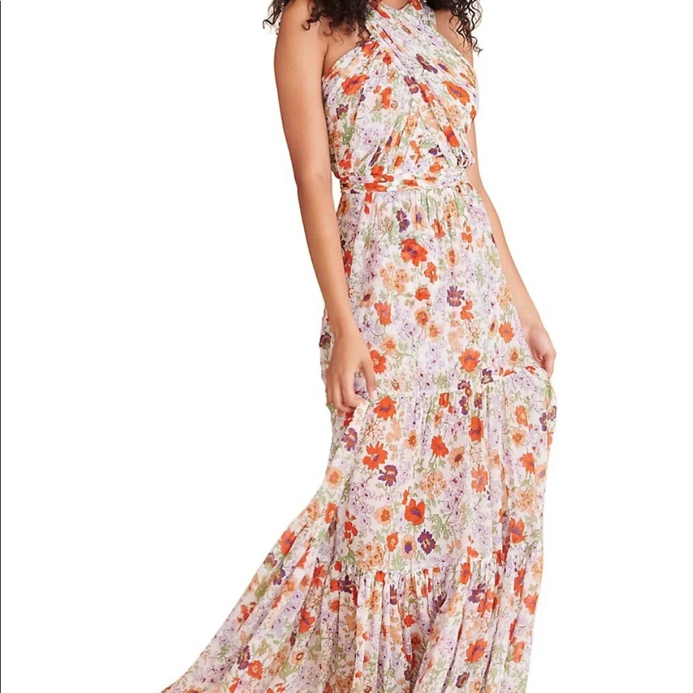Floral Silk Maxi Dress - White/Orange - Picture 2 of 7